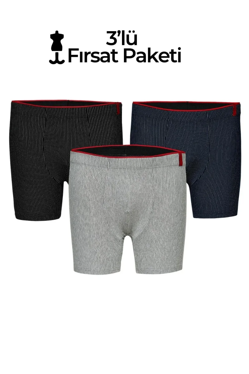 WeWeus Siyah Lacivert Gri 3lü Pamuk Elastan Çizgili Boxer 14923